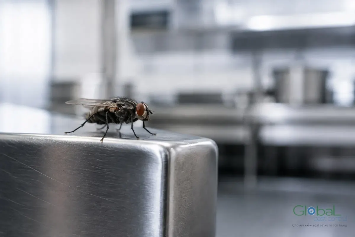 A fly on the corner of a stainless-steel table in a commercial kitchen