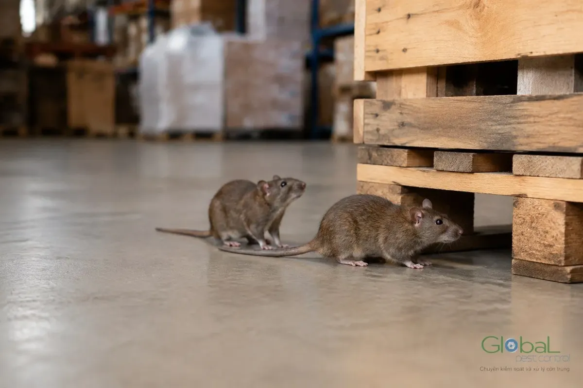 A rat moving between pallets in a warehouse