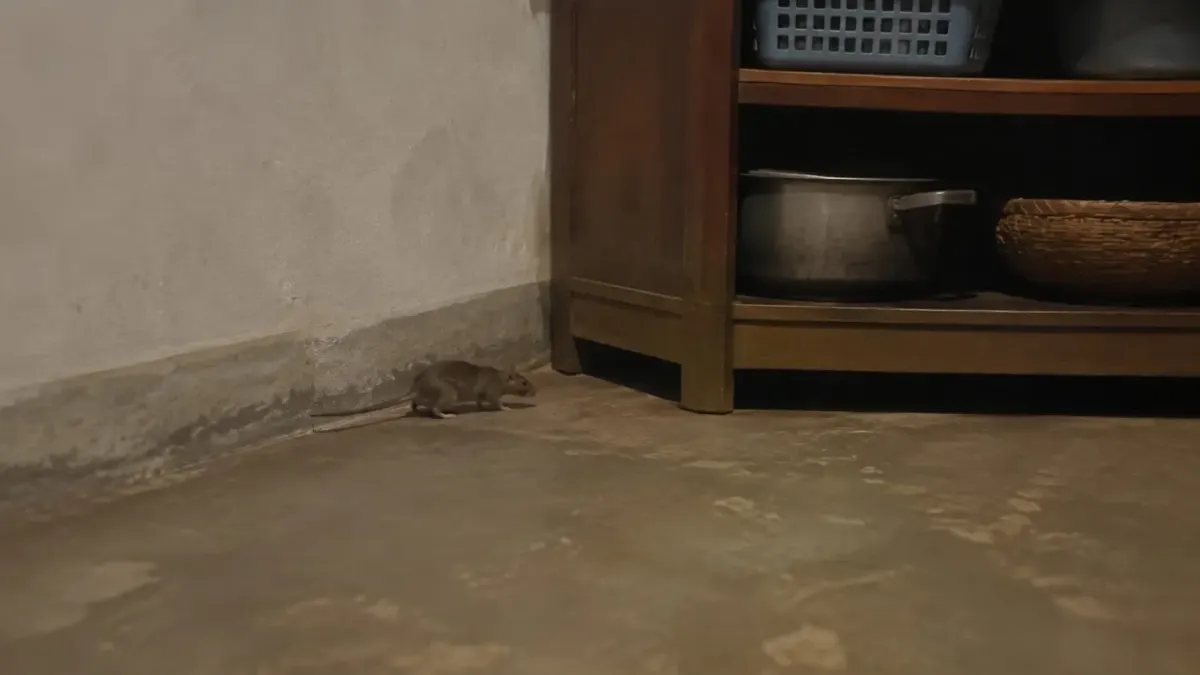 A rat on a kitchen floor under the pot cupboard