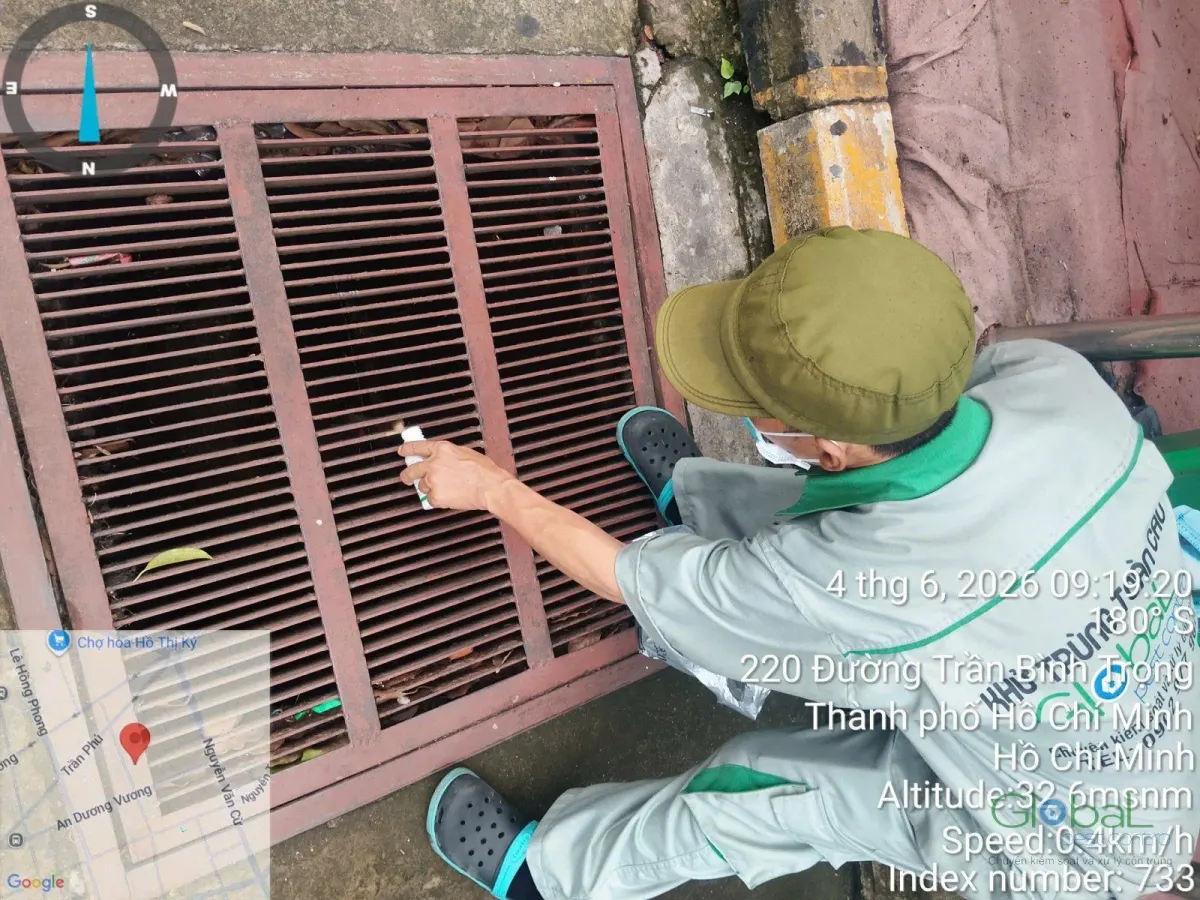 A technician placing cockroach bait by an outdoor drain