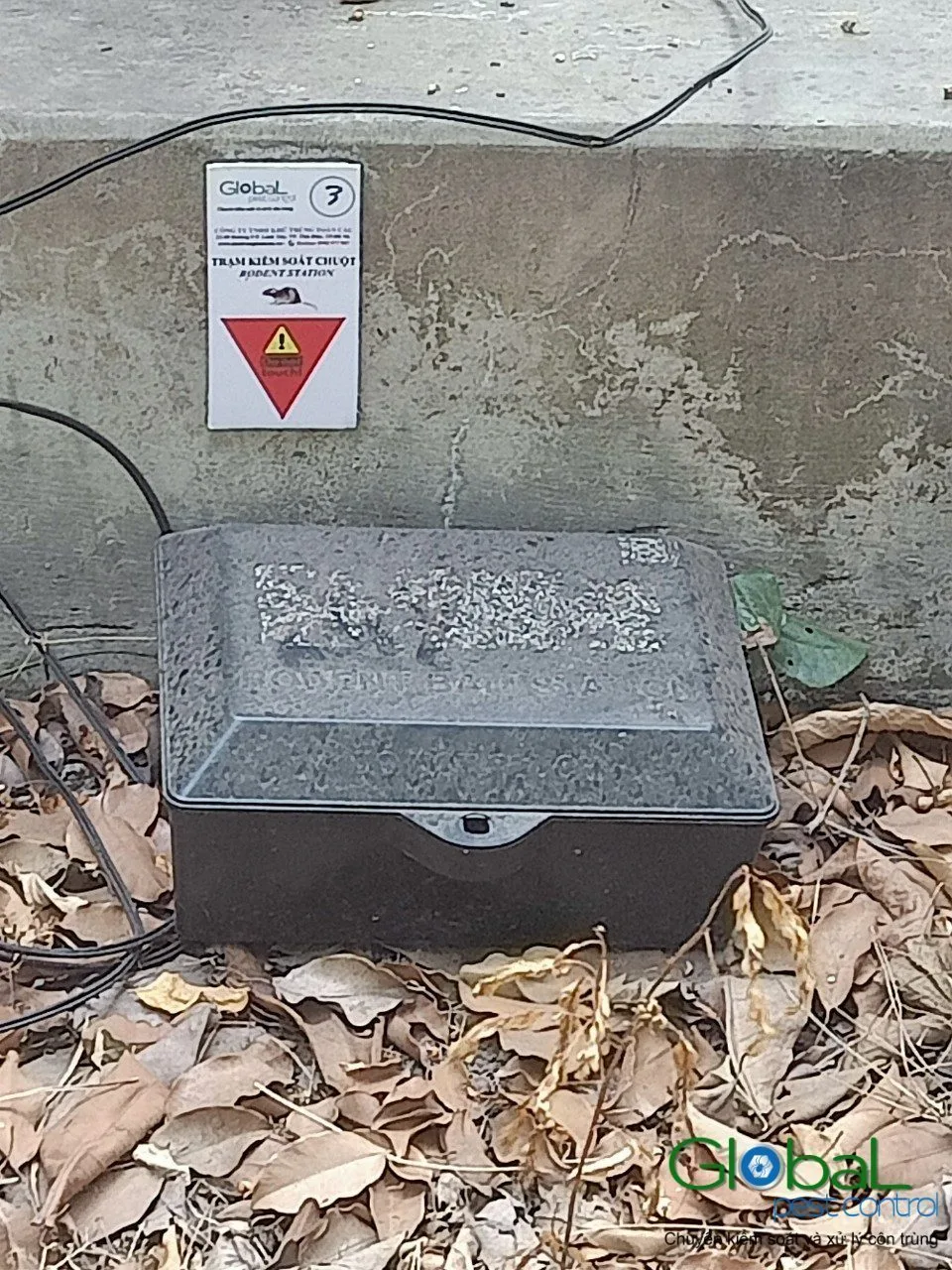 A black rodent bait station outside by a wall, with a warning label
