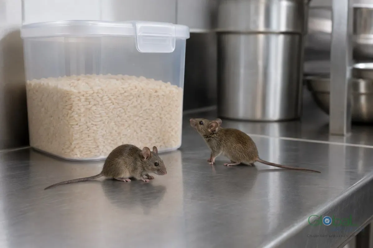Two house mice on a stainless-steel kitchen table beside a rice container