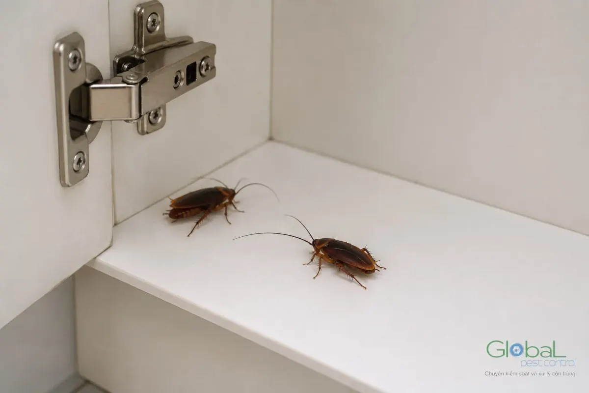 Two cockroaches inside a kitchen cabinet