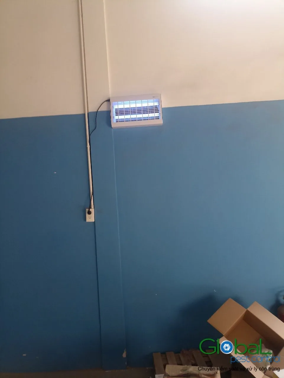 A fly light switched on above a goods area in a factory