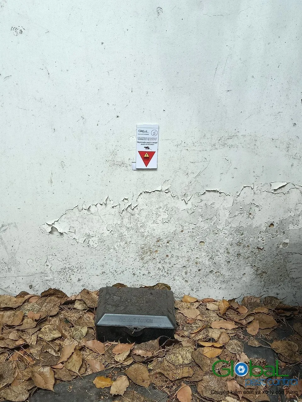 A rodent bait station against an outside wall, with a warning label