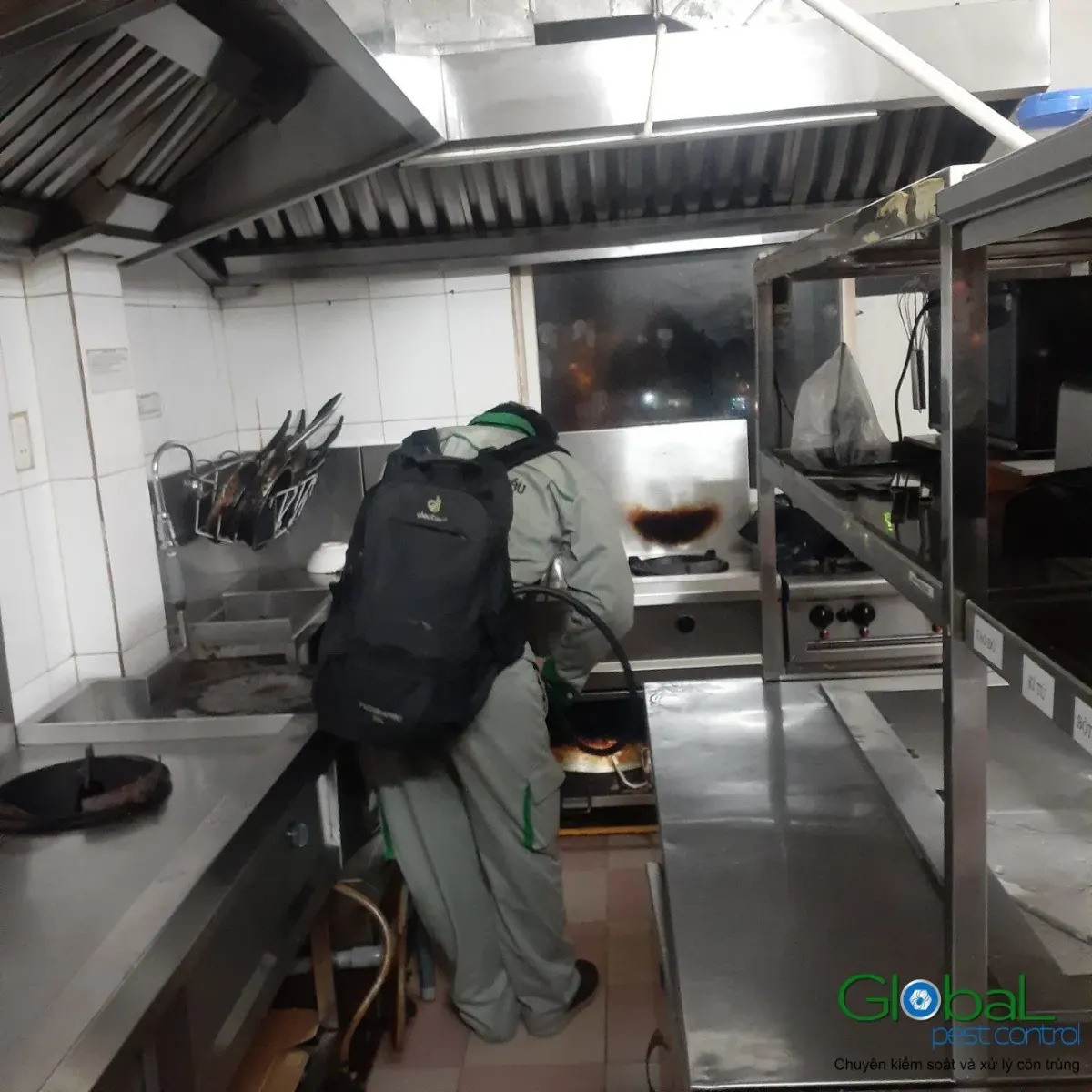 A technician treating under the stove and extractor hood