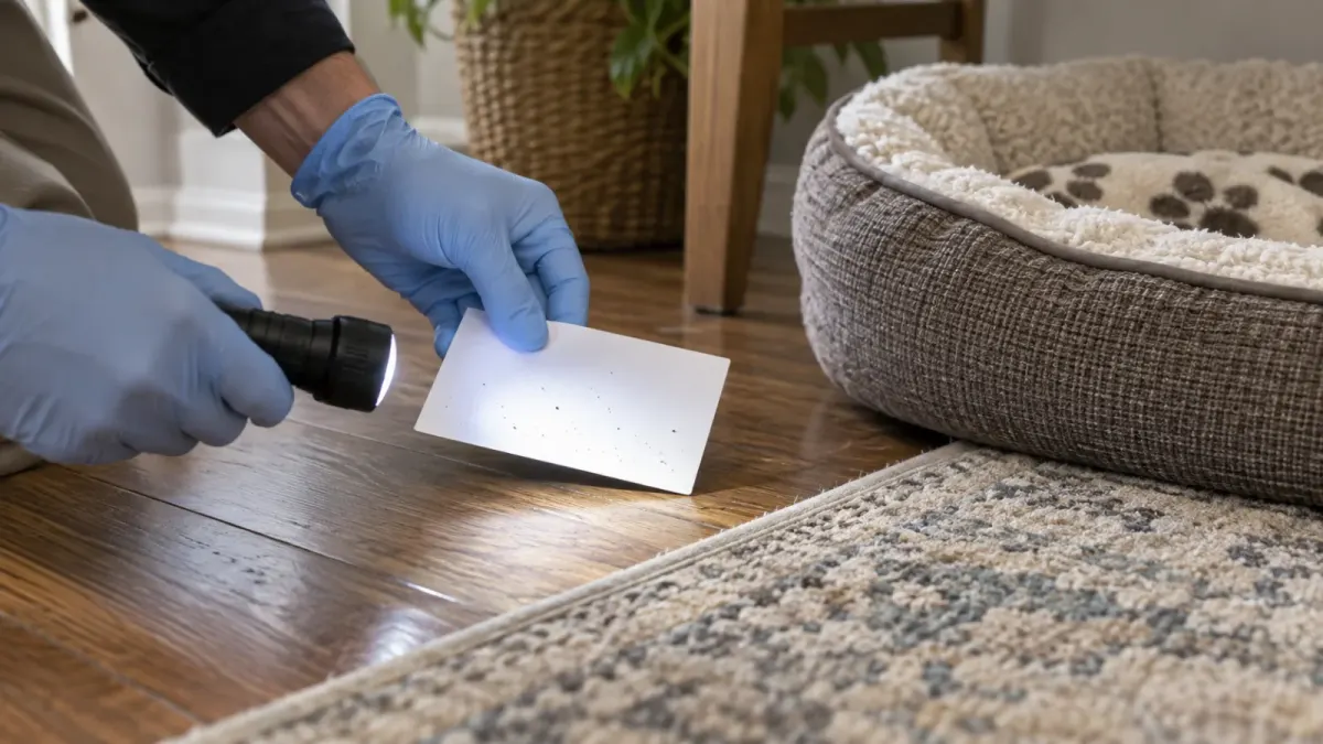 Checking for fleas and ticks with a torch and white paper beside a pet bed