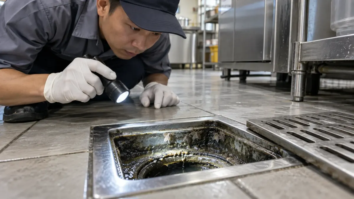 A technician checking a commercial kitchen floor drain for drain flies