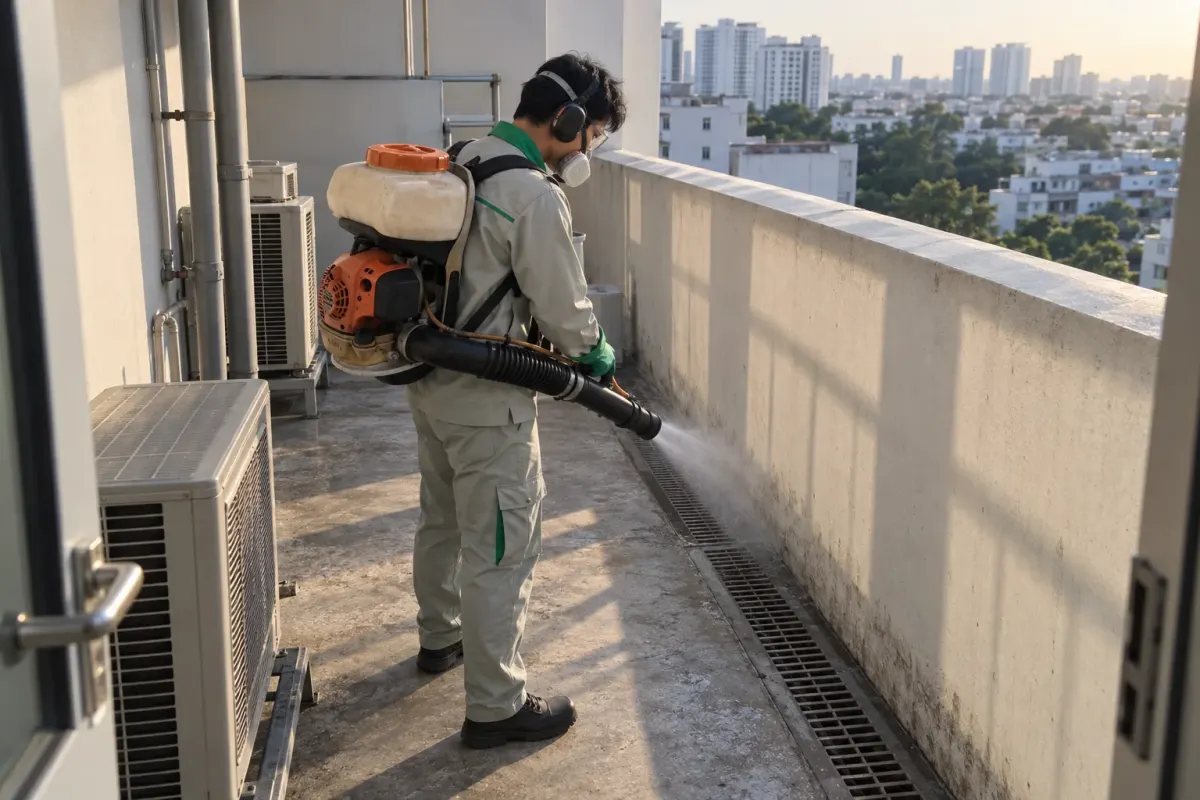 A technician misting a service balcony of an apartment building