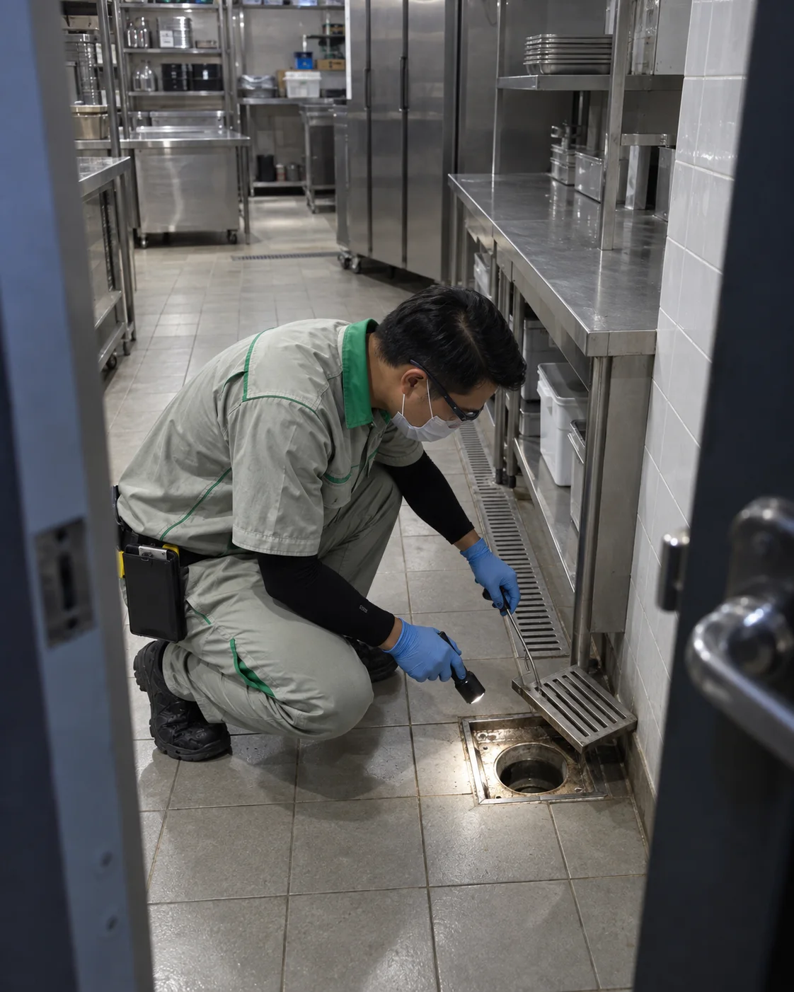 A technician kneeling to check a hotel kitchen floor drain