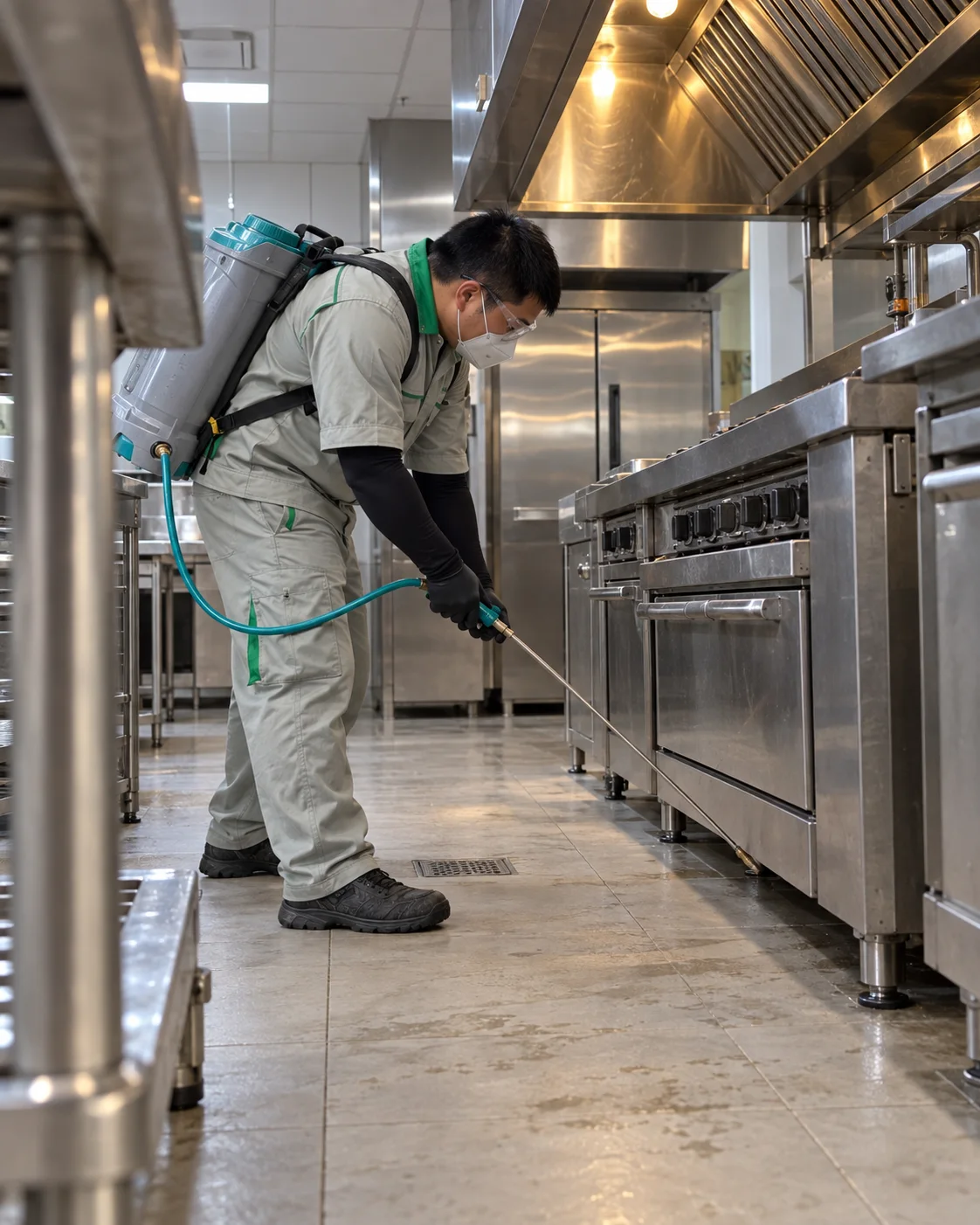 A technician treating the gap under a stainless-steel range in a restaurant kitchen