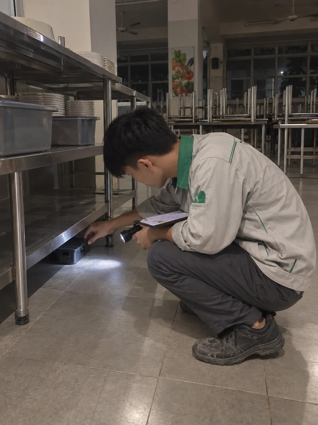 A technician checking a rodent monitor under a school canteen shelf