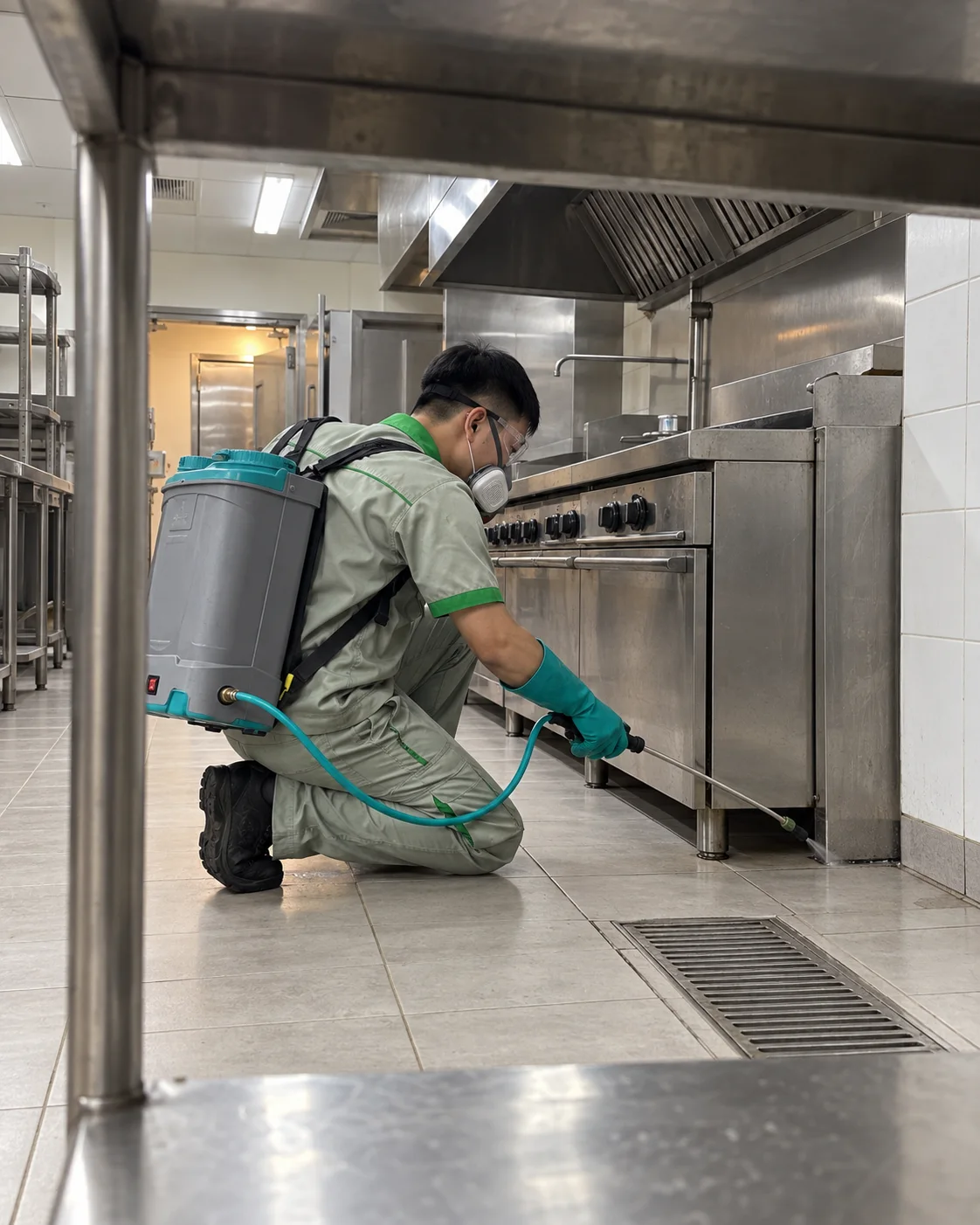 A technician treating the gap under a hotel kitchen range