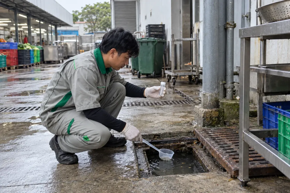 A technician sampling mosquito larvae from a drain behind a central kitchen
