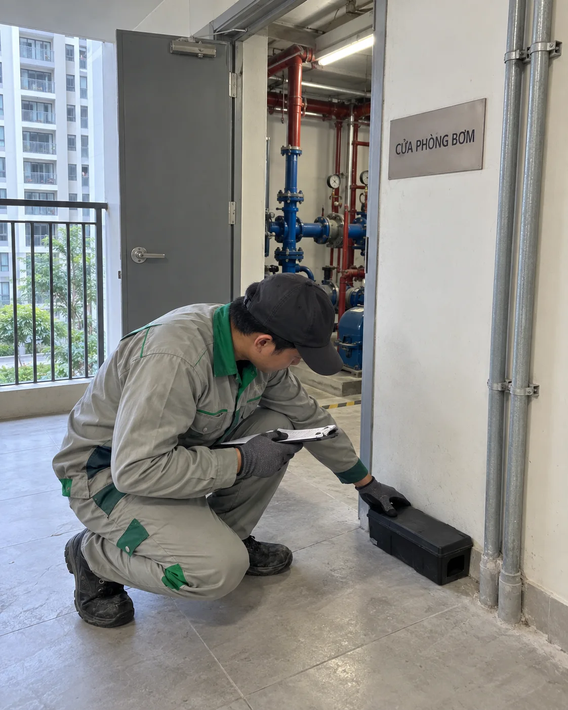 A technician placing a rodent bait station outside a building pump room