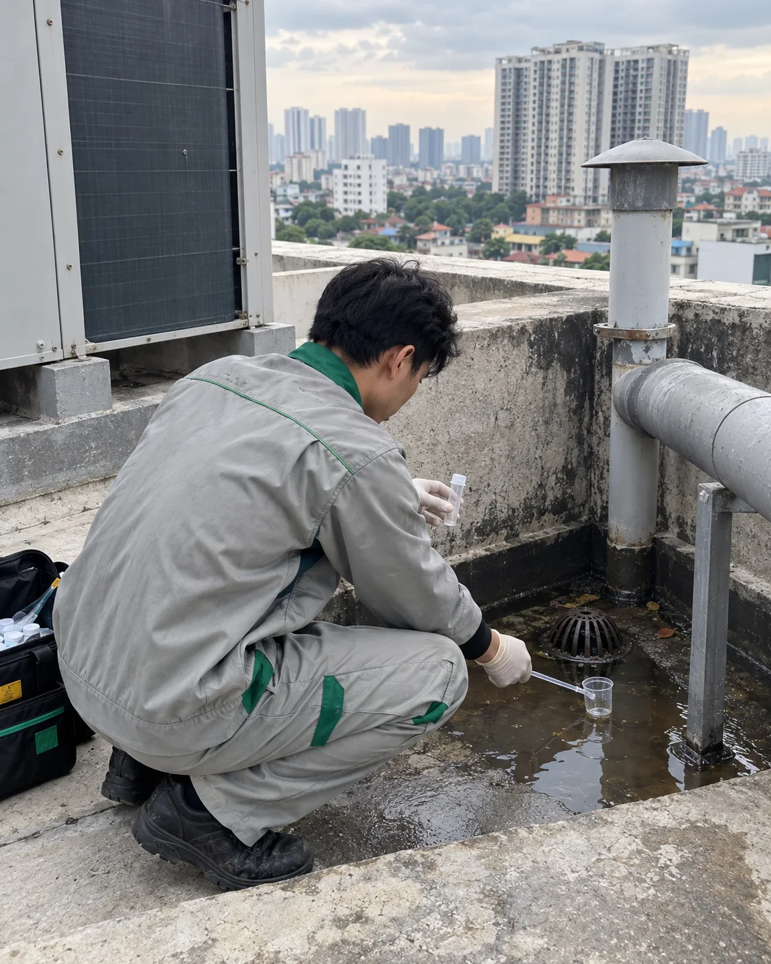 A technician sampling mosquito larvae from a rooftop drain on a building