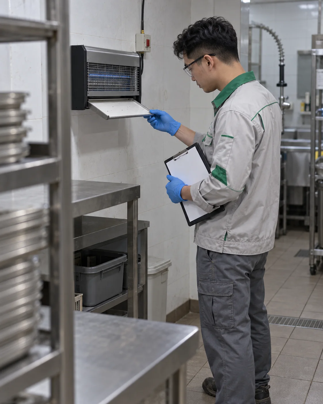 A technician checking a fly light glue board in a kitchen