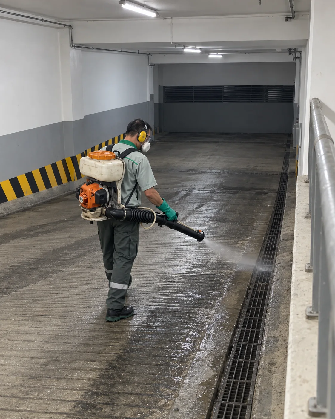 A technician misting the ramp down to an office basement