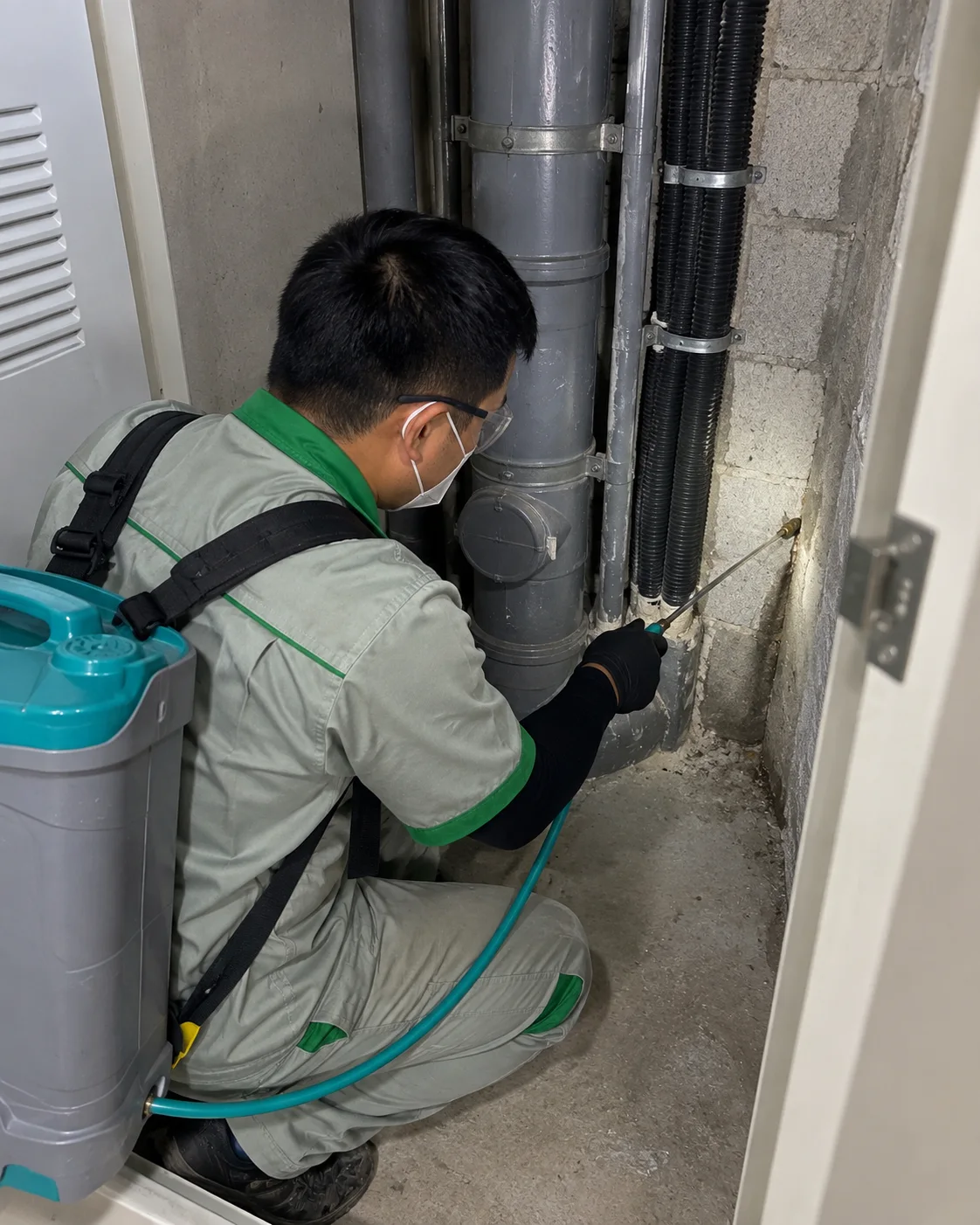 A technician treating a pipe riser cupboard in an apartment