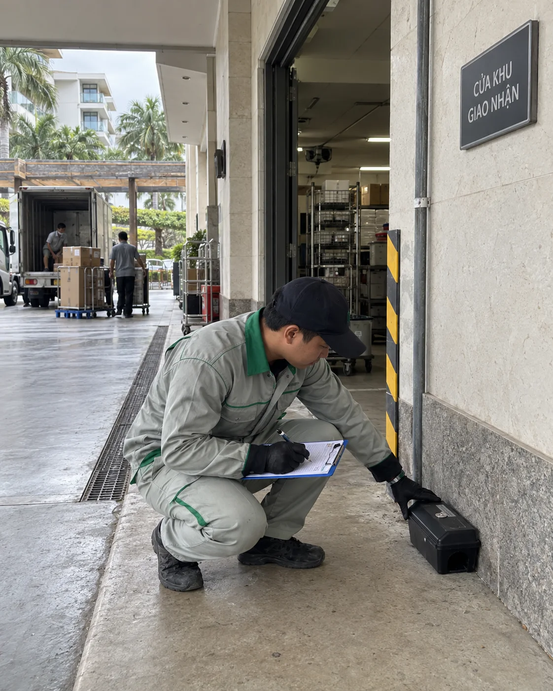 A technician placing a rodent bait station by the goods entrance of a hotel