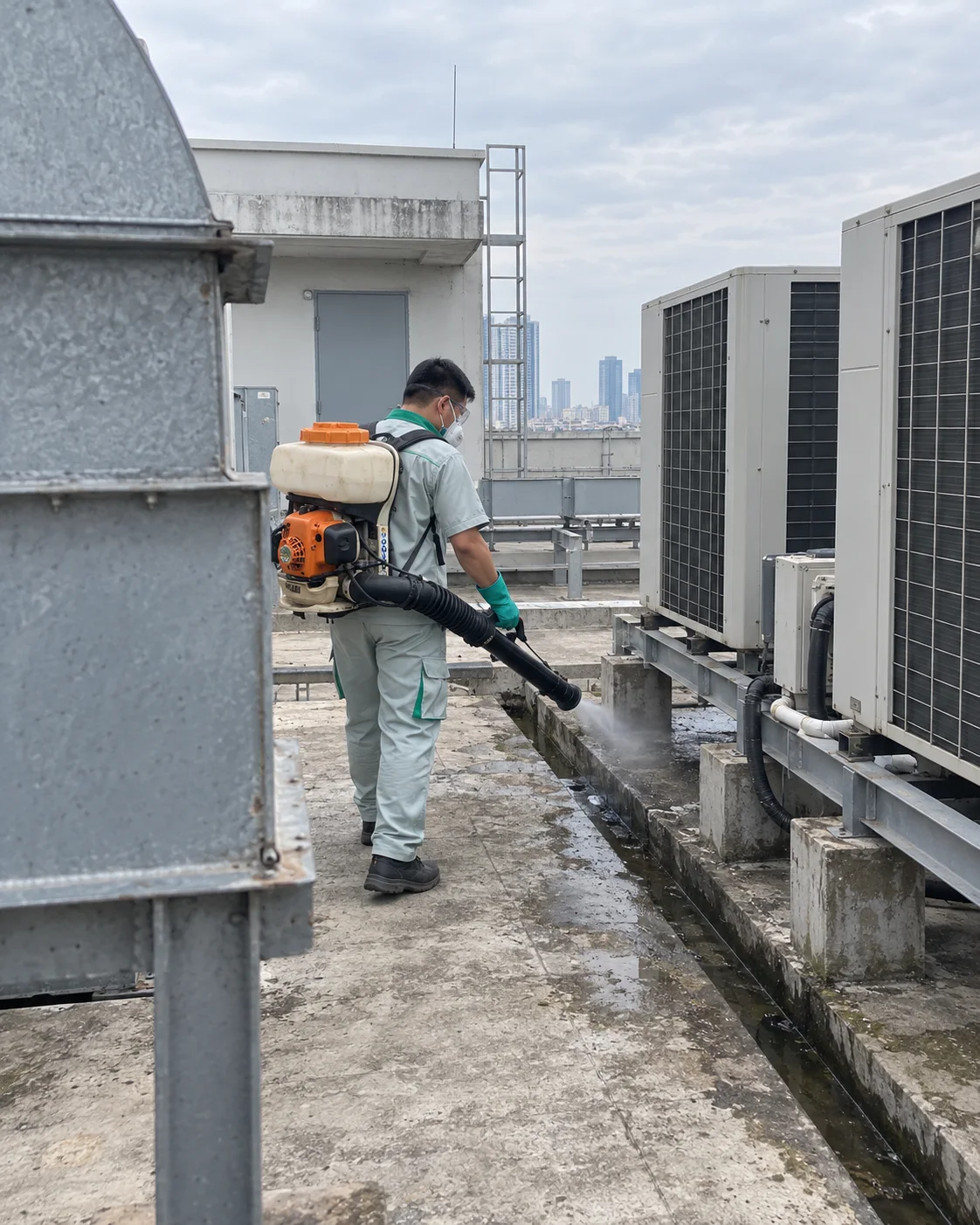 A technician misting the air-conditioning plant area on a building roof