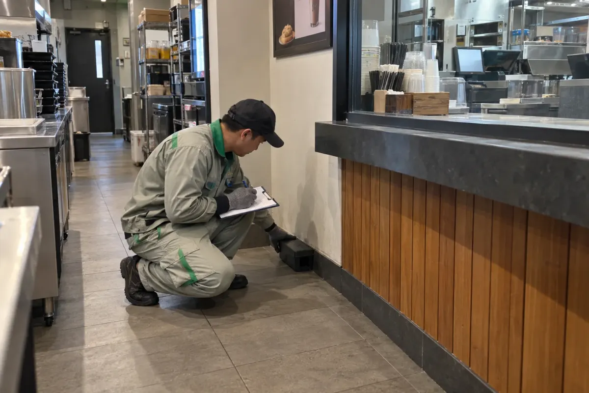 A technician placing a rodent bait station by the goods door of a restaurant