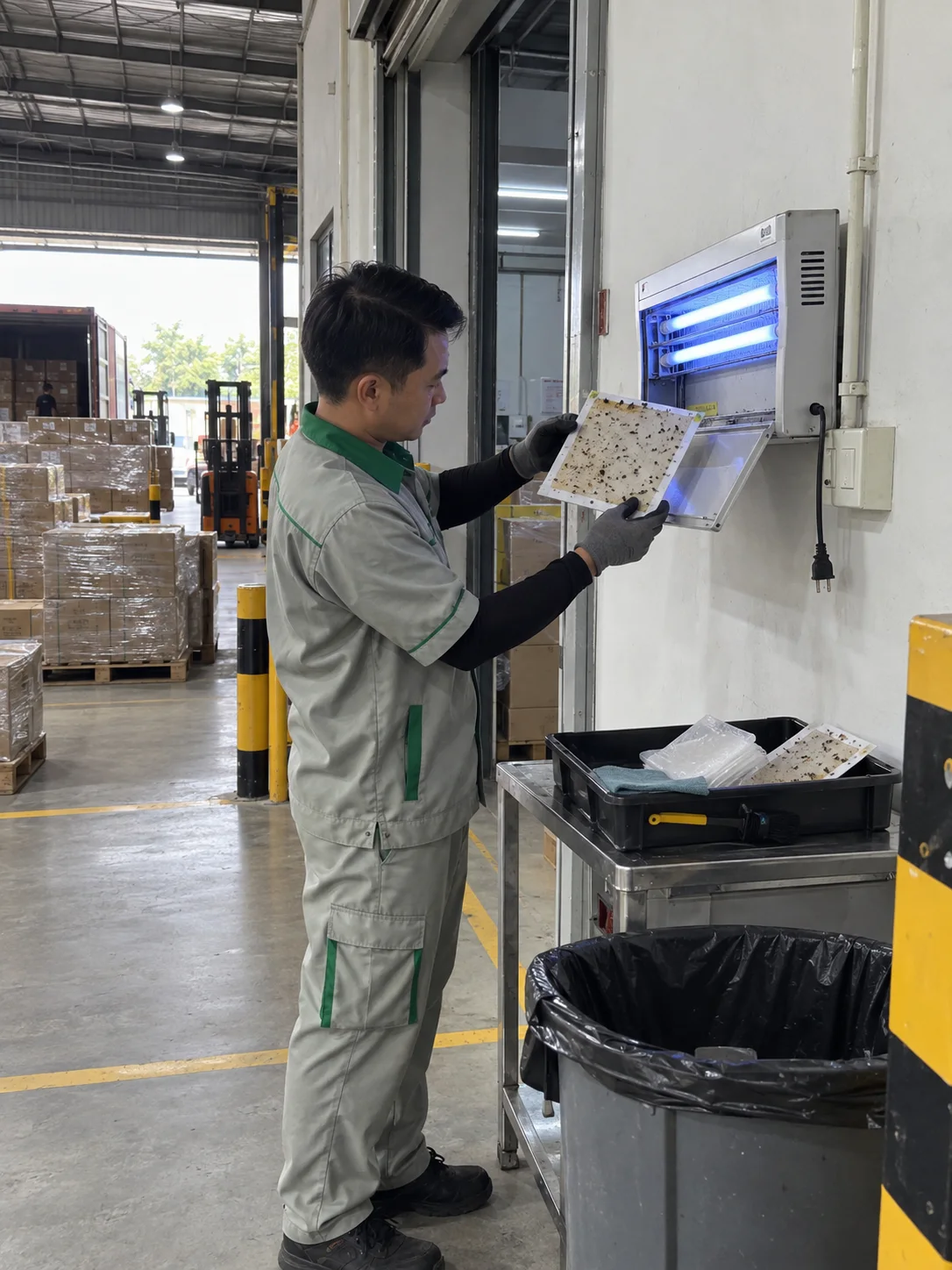 A technician checking a fly light glue board in the goods-in area of a warehouse