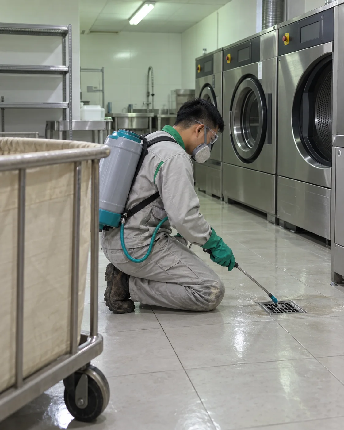 A technician kneeling to treat the floor drain of a hotel laundry beside industrial washers