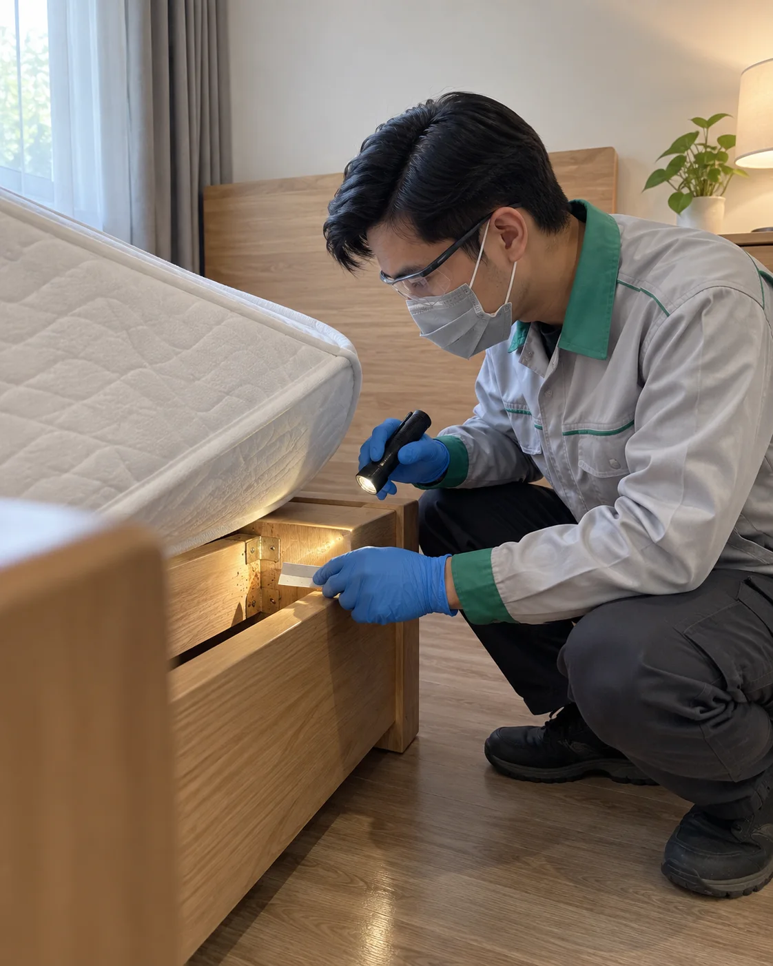 A technician using a torch to check under a mattress for bed bugs