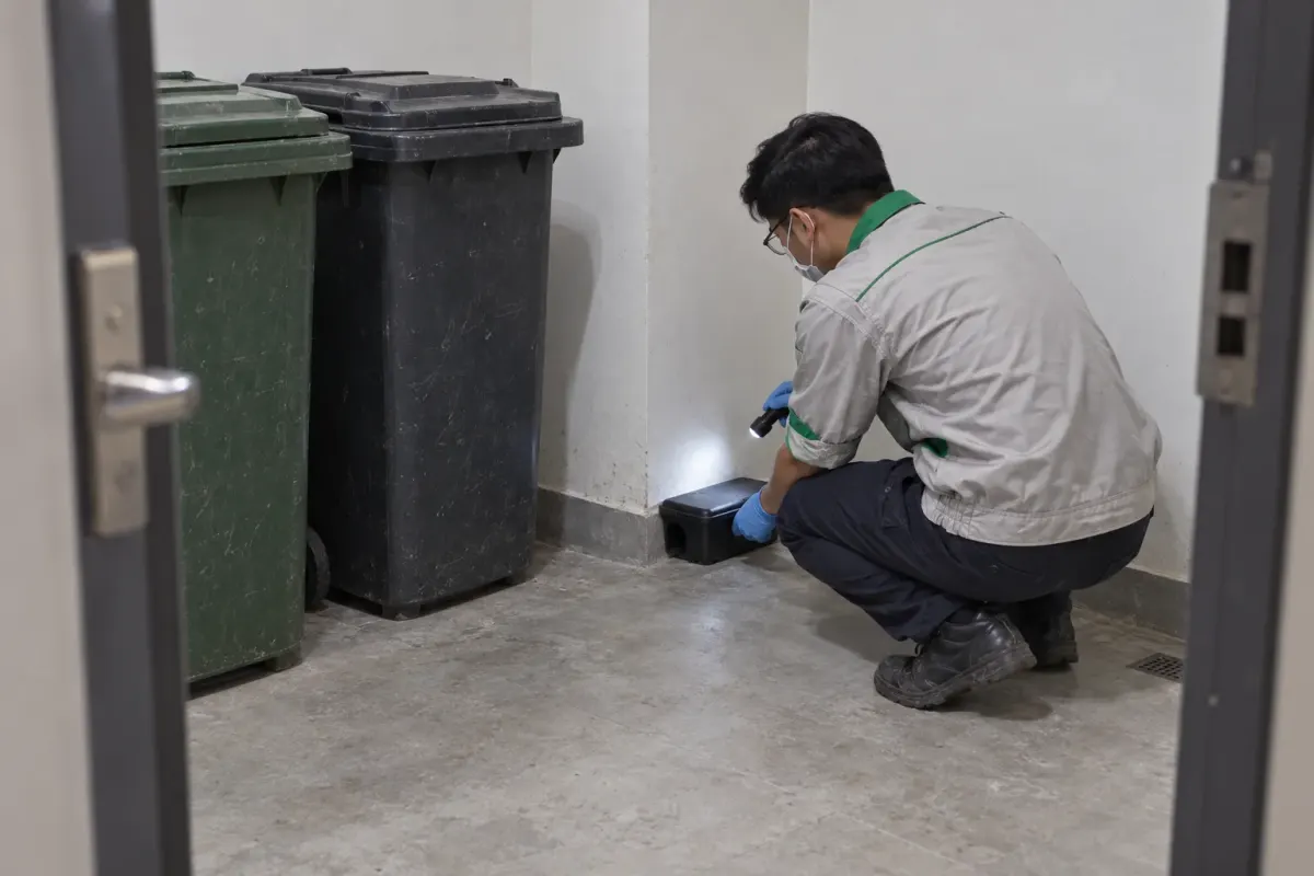 A technician placing a rodent bait box in an apartment refuse room beside the bins