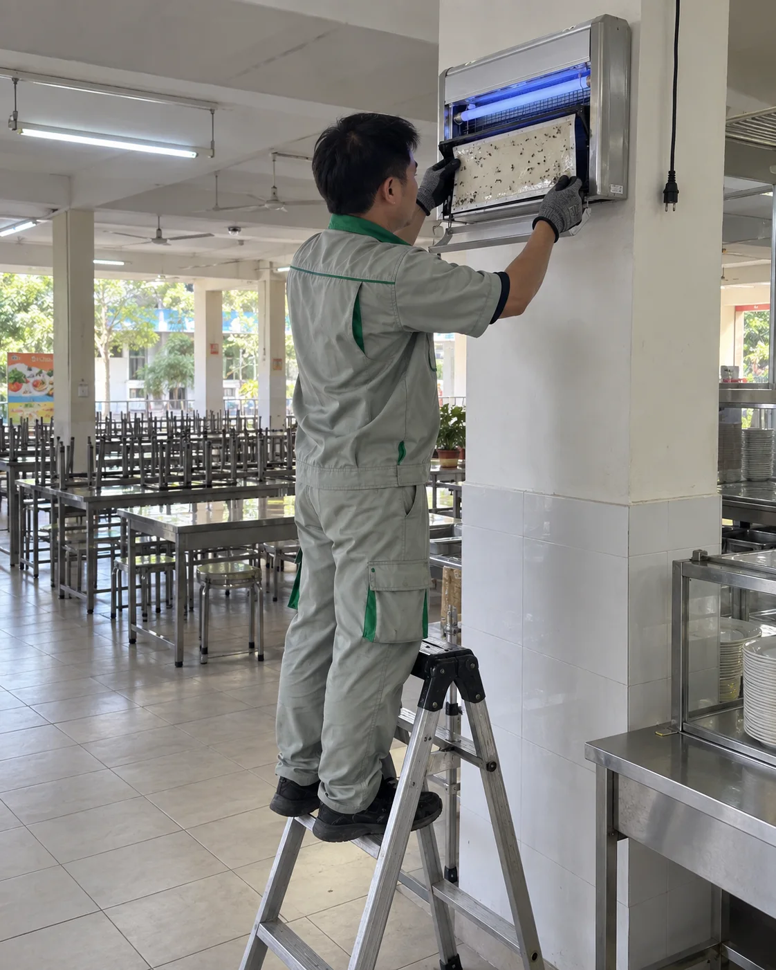 A technician on a ladder checking a fly light glue board in a school canteen