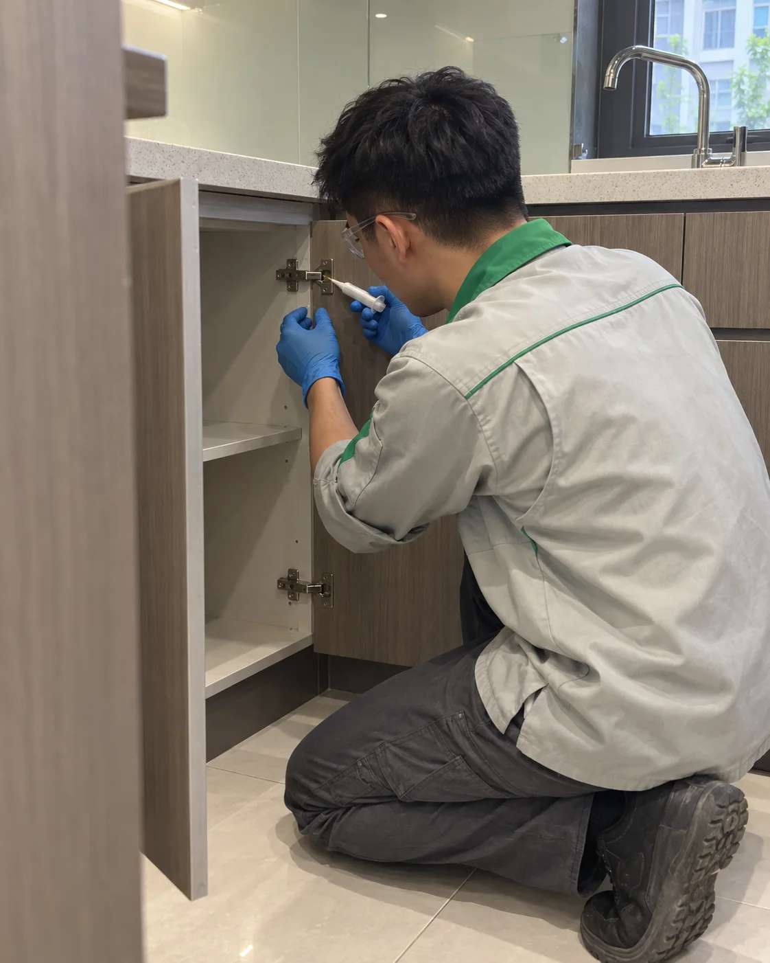 A technician placing cockroach gel in the kitchen cabinet of a townhouse