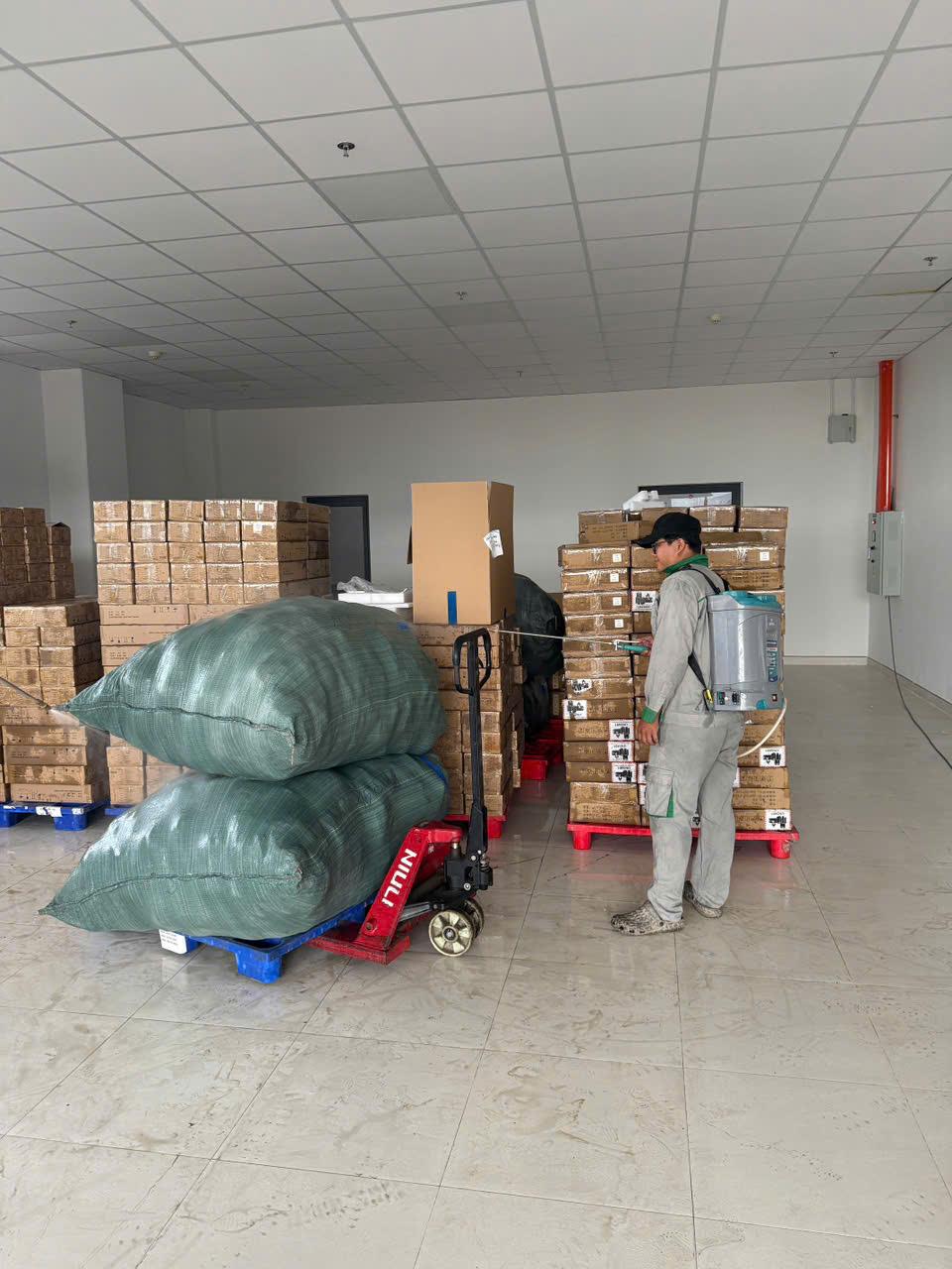 Two technicians working parallel aisles of pallets