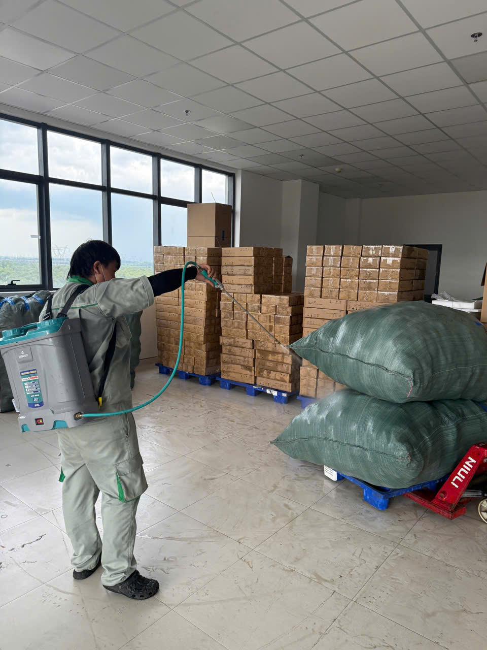 Treating the outer faces and the gaps between stacked cartons