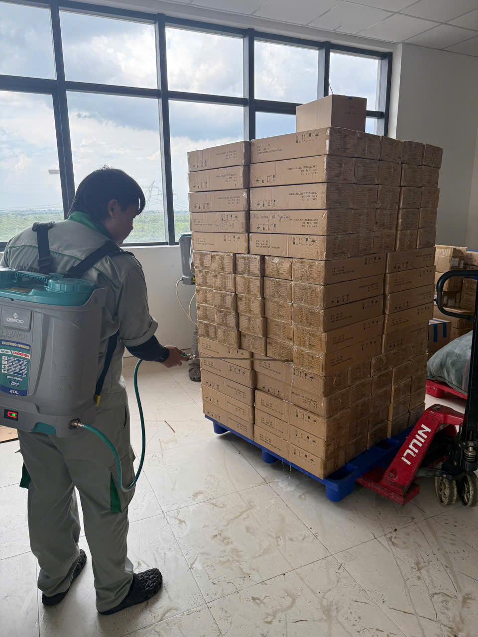 Two technicians working parallel aisles of pallets