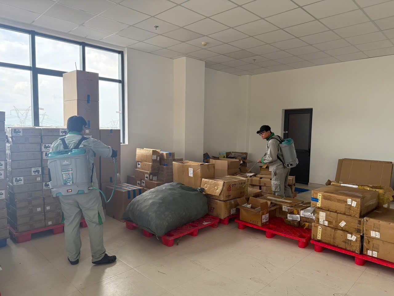 Treating palletised cartons in a storage warehouse